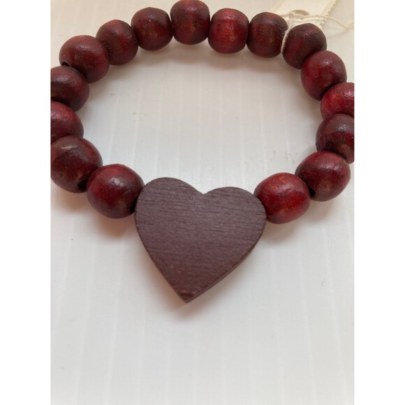 HEART Bracelet Love Romance Pendant Burgundy Red Wood Stretch 10mm Beads - Picture 2 of 7